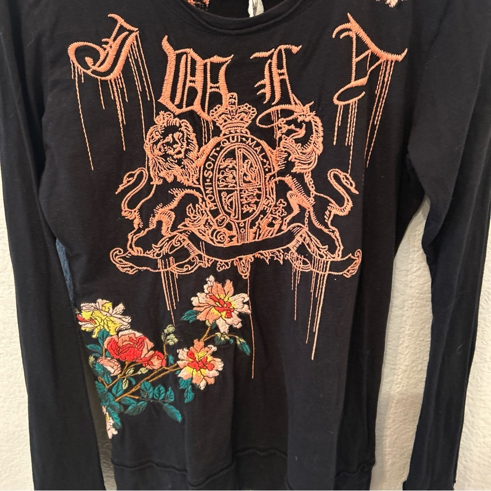 Johnny Was LA Black Long Sleeve Embroidered Shirt Top Floral Logo Amour Heart M - Picture 10 of 14